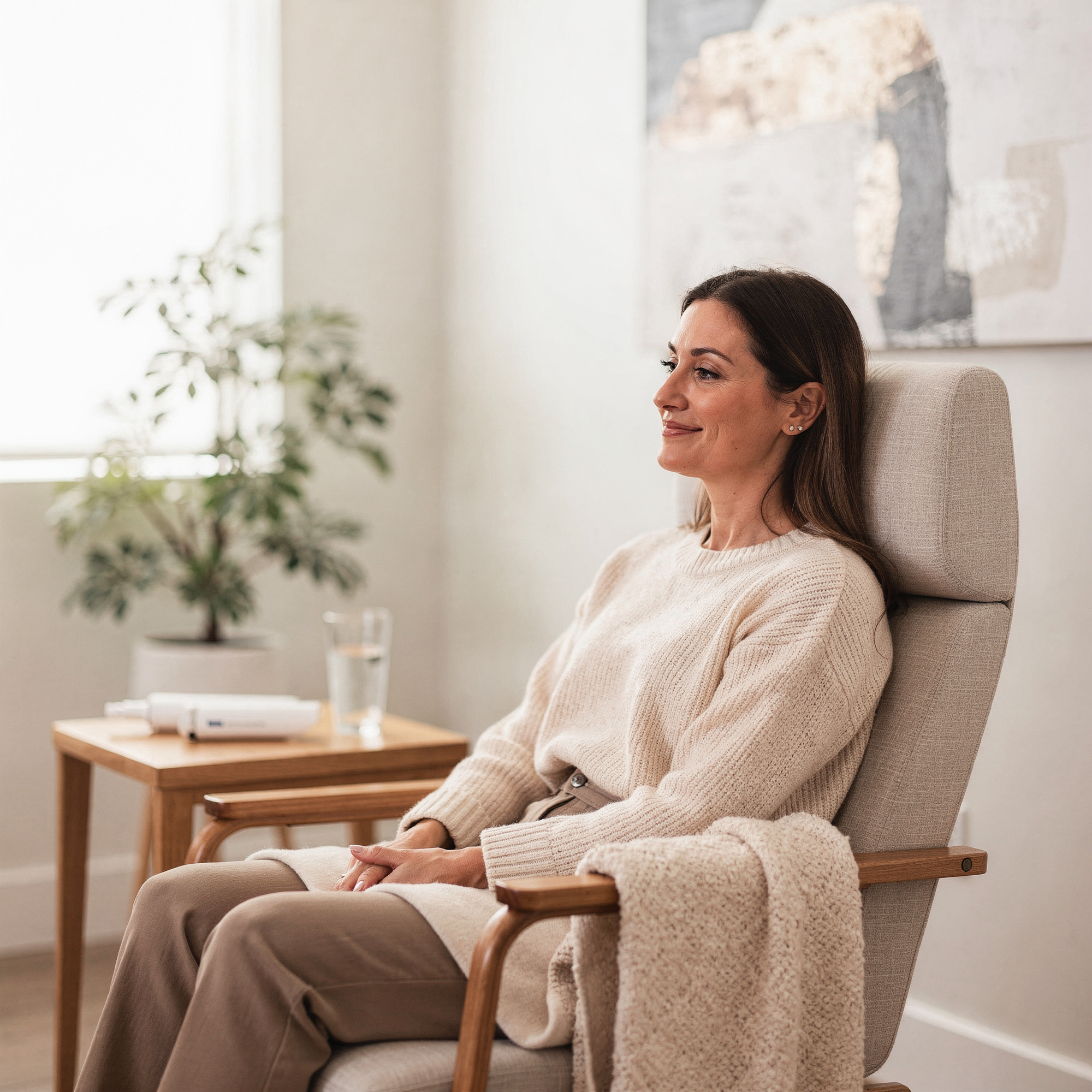Patient relaxing in a comfortable chair during Spravato treatment at Neowellnez